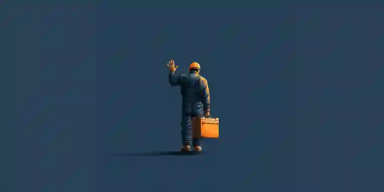 Tradesperson walking away with a toolbox, waving goodbye