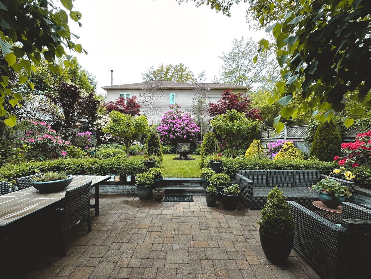 A completely redesigned back garden with a porcelain patio, shaped lawn, sleeper beds, planting and a seating area.