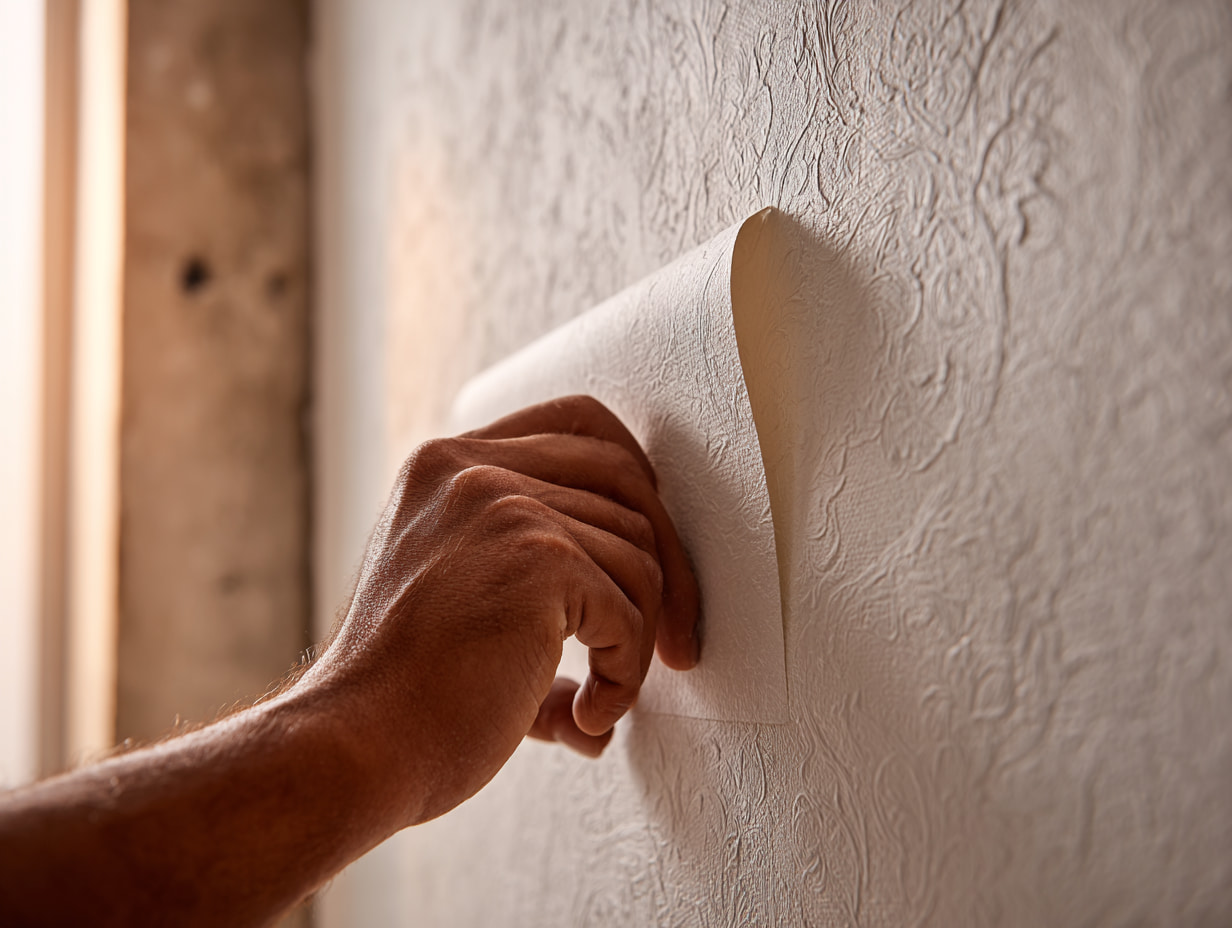 Decorator’s hand smoothing embossed cream wallpaper with a floral pattern onto a wall.