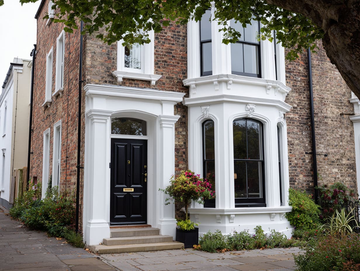 Victorian red-brick townhouse with crisp white trim, black front door and window frames, bay windows, and stone steps to the entrance.
